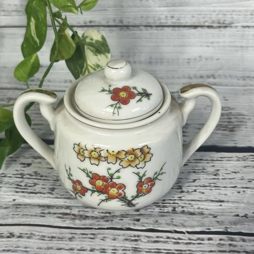 Vintage Hall's Orange Poppy Sugar Bowl & Lid Porcelain with Gold Trim